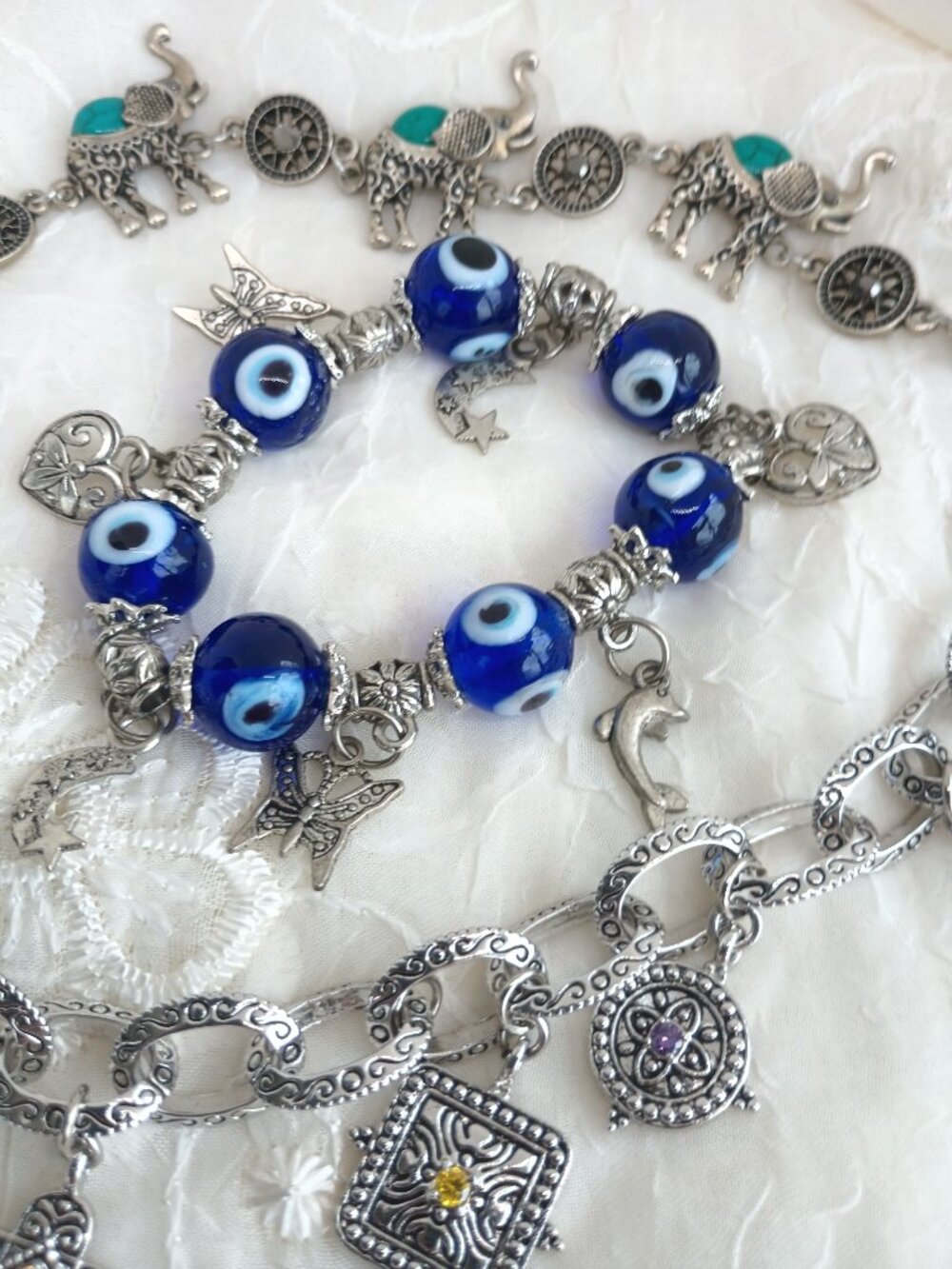 Vintage Mixed Lot of 3 Charm Bracelets Multicolor Evil Eye - Picture 4 of 8